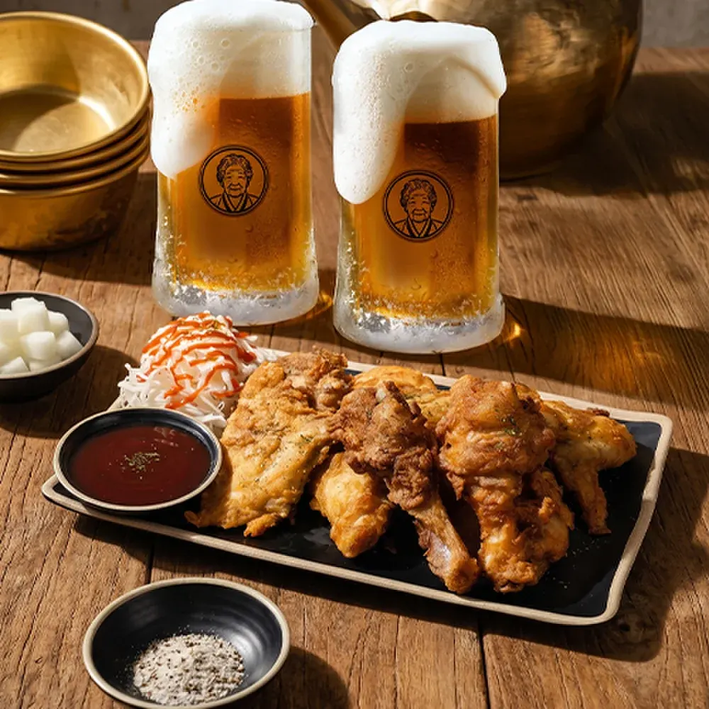 생맥주 두 잔과 함께 나오는 옛날치맥세트
